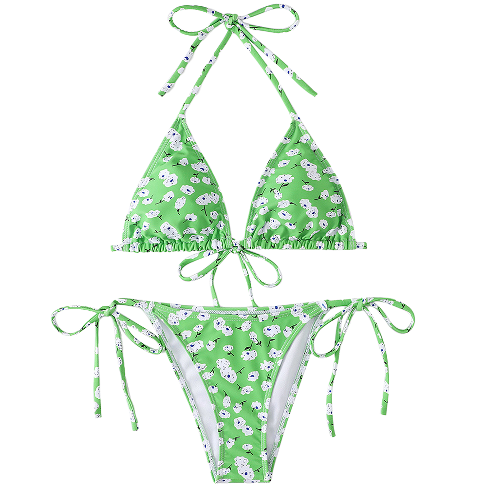 Traje de baño de bikini triangular con parte inferior lateral y parte superior acolchada con cuello halter de dos piezas para mujer