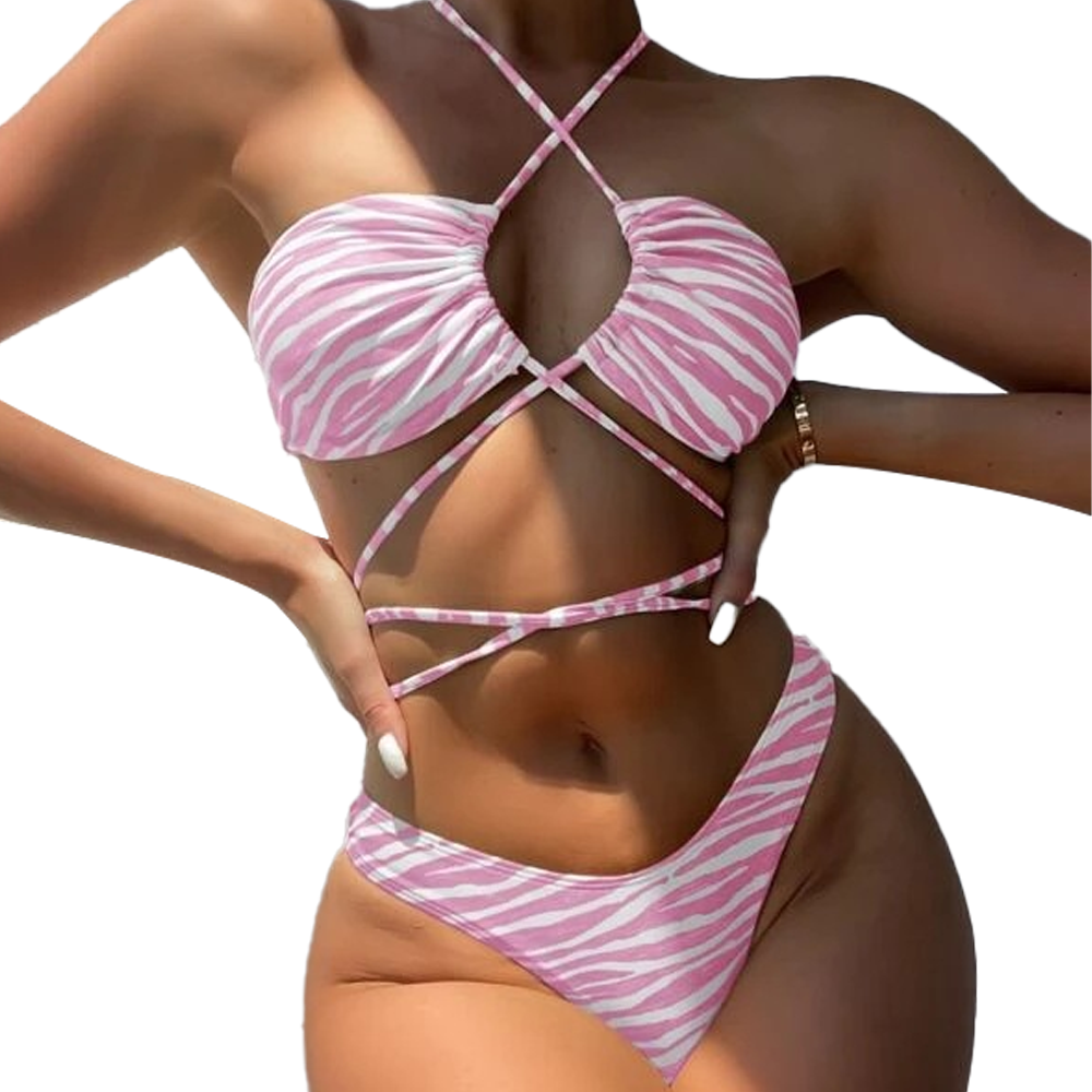 Conjunto de bikini de 2 piezas con tanga de corte alto y parte delantera cruzada con tirantes sexy para mujer