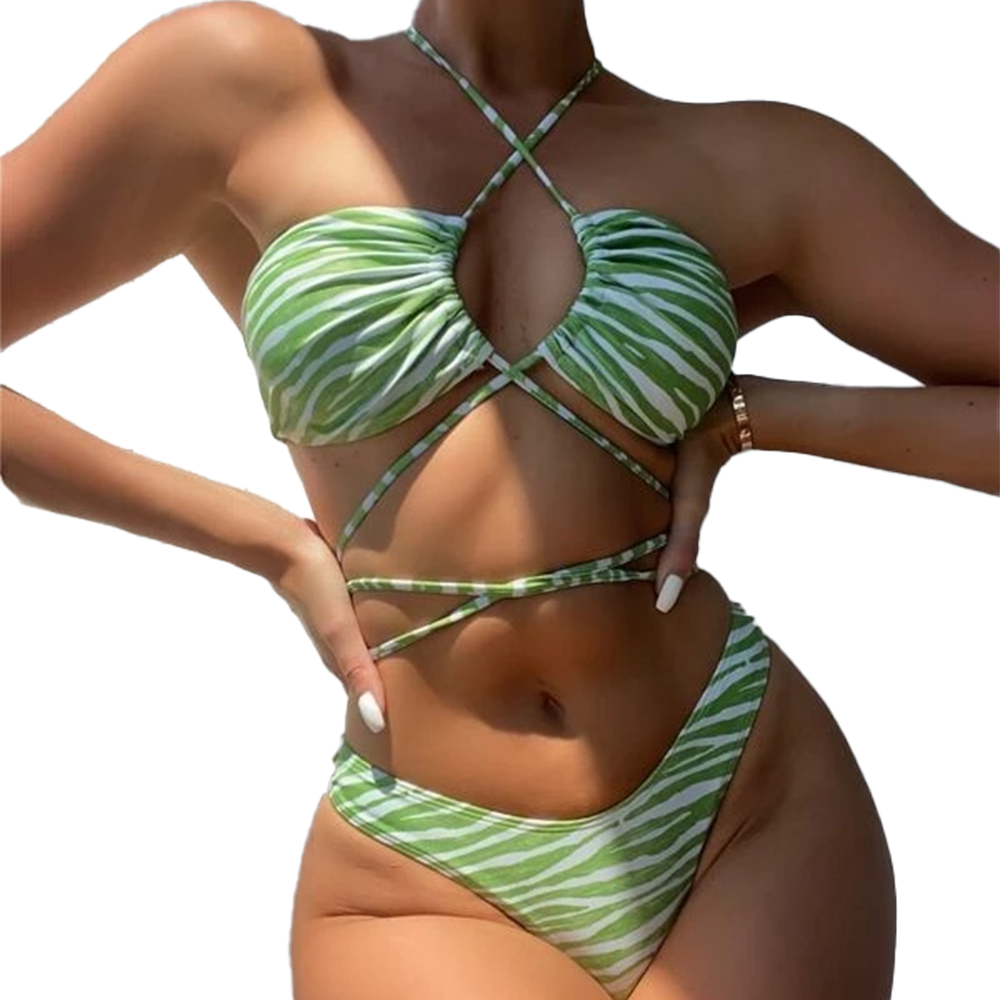 thumbnail image 1 of Conjunto de bikini de 2 piezas con tanga de corte alto y parte delantera cruzada con tirantes sexy para mujer, 1 of 6