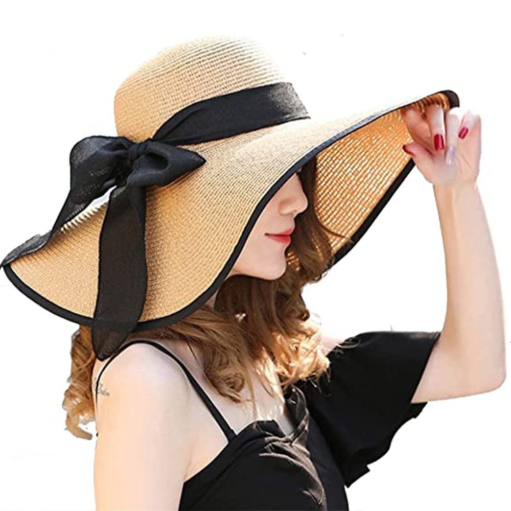 Sombrero de paja con lazo grande para mujer, gorro de playa plegable y flexible, gorro para el sol, gorro de playa con protección UV para verano