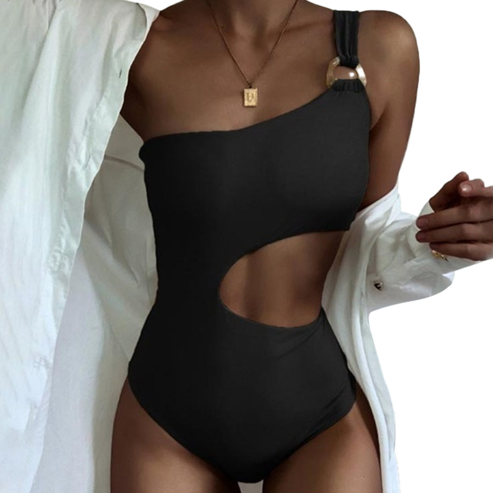 thumbnail image 1 of Trajes de baño de una pieza de corte alto con rayas y un hombro para mujer, 1 of 7