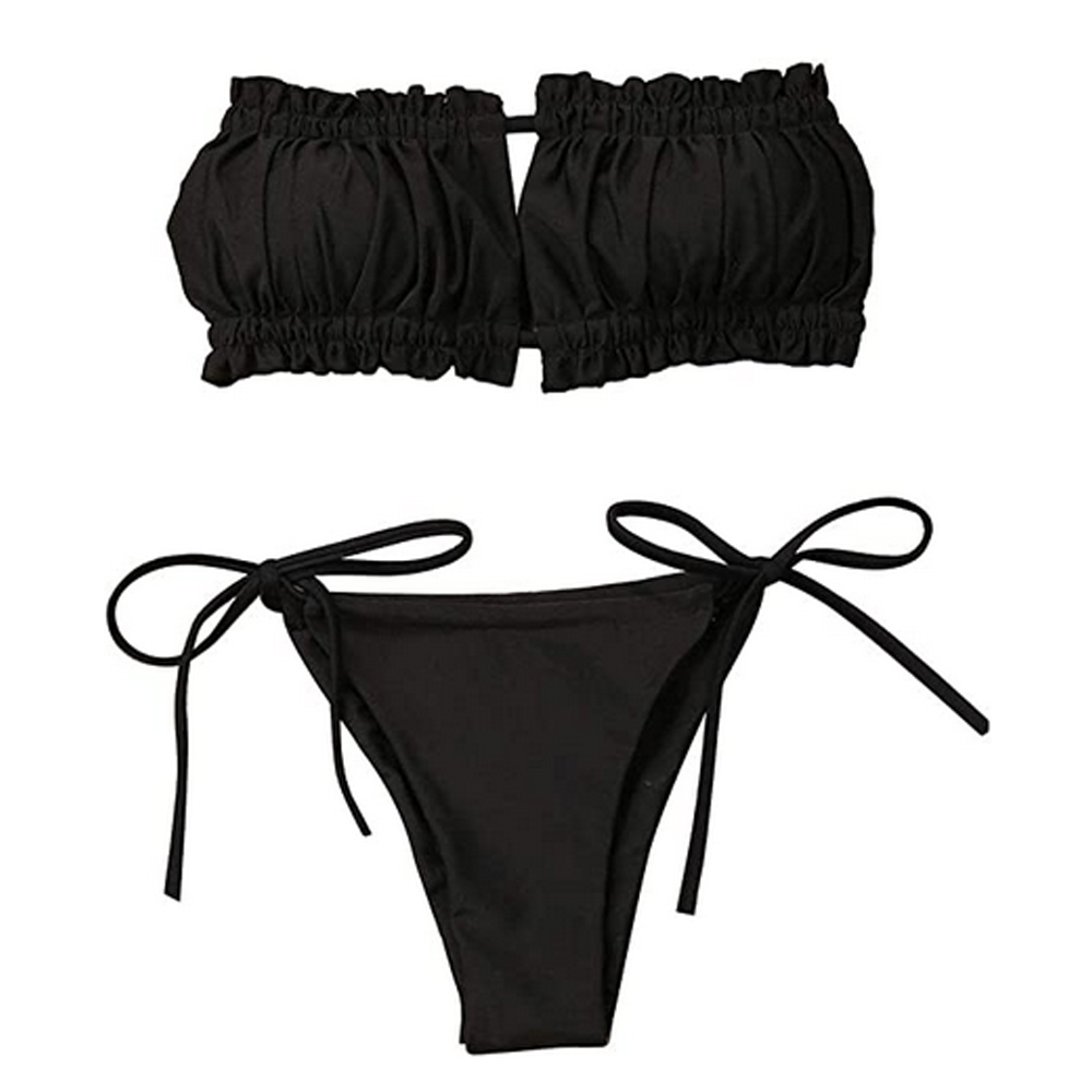 Bikini plisado Sexy para mujer, traje de baño hueco con tirantes con volantes, traje de baño acolchado con encaje de Color puro