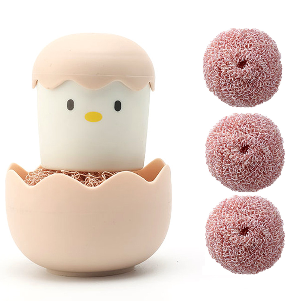 Cepillo de cocina con forma de huevo de pollito, bola de limpieza nano de dibujos animados, cepillo duradero para lavar ollas, cepillo de limpieza para ollas y tazones para el hogar con mango