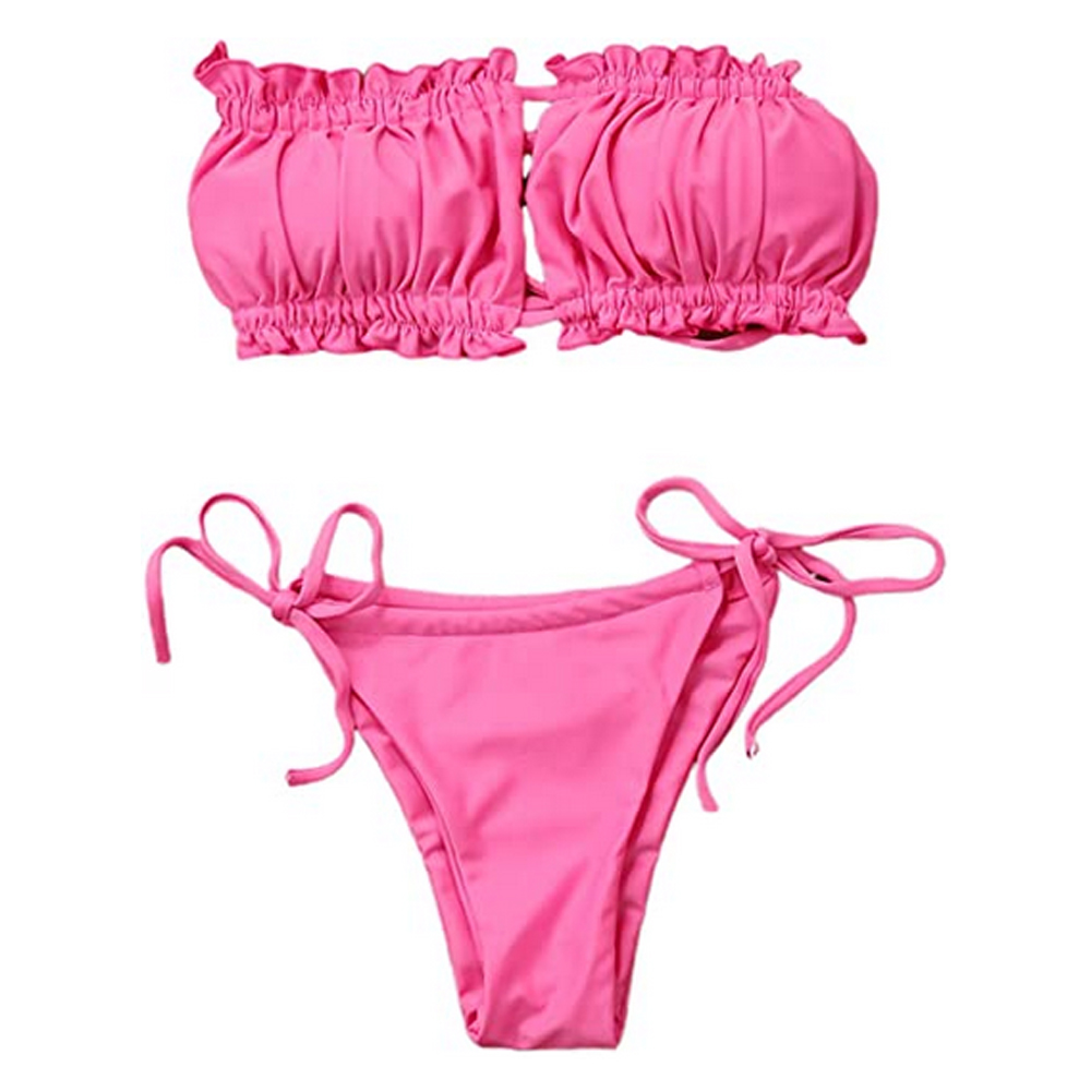 thumbnail image 1 of Bikini plisado Sexy para mujer, traje de baño hueco con tirantes con volantes, traje de baño acolchado con encaje de Color puro, 1 of 6