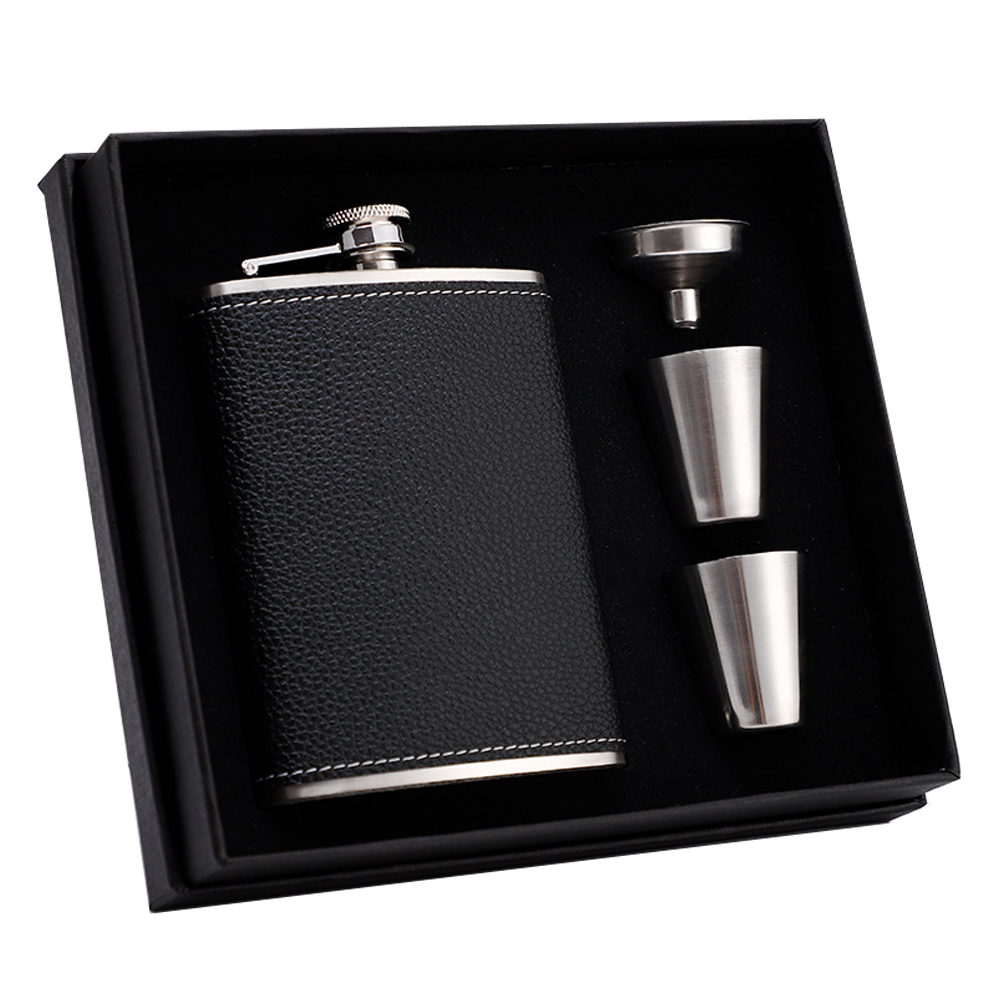 thumbnail image 1 of Set de regalo de petaca, petacas para licor para hombres con funda de cuero negro, 1 of 6