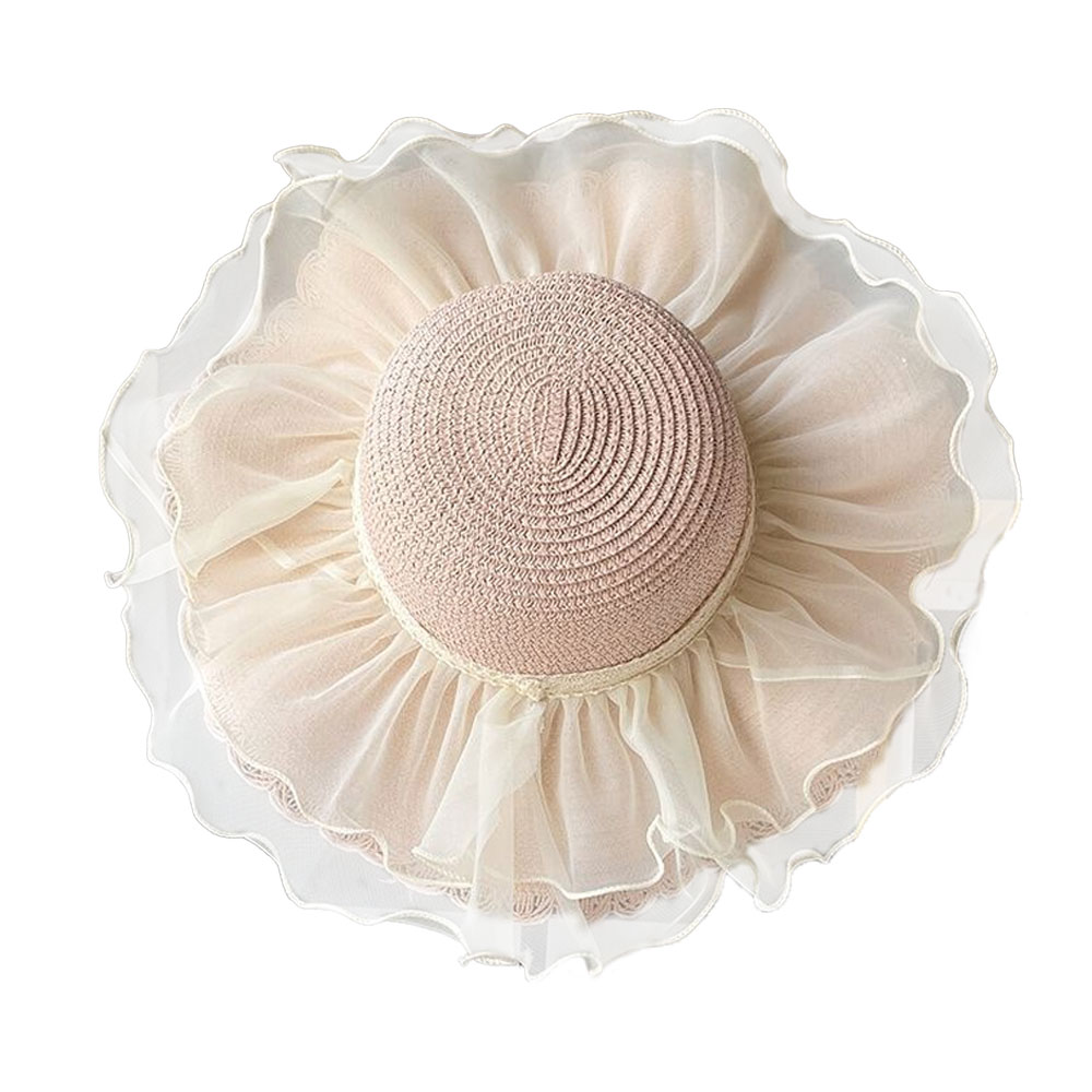 thumbnail image 1 of 56-58 cm circunferencia del sombrero sombrero de paja de encaje para mujer sombrero de verano borde ondulado protector solar de ala grande sombrero de playa junto al mar al aire libre, 1 of 6