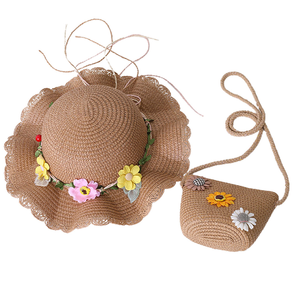 thumbnail image 1 of 52-54 cm circunferencia del sombrero sombrero para niños Sombrero de Paja de verano protector solar sombrero de playa sombrero para el sol y conjunto de bolsa de paja, 1 of 6