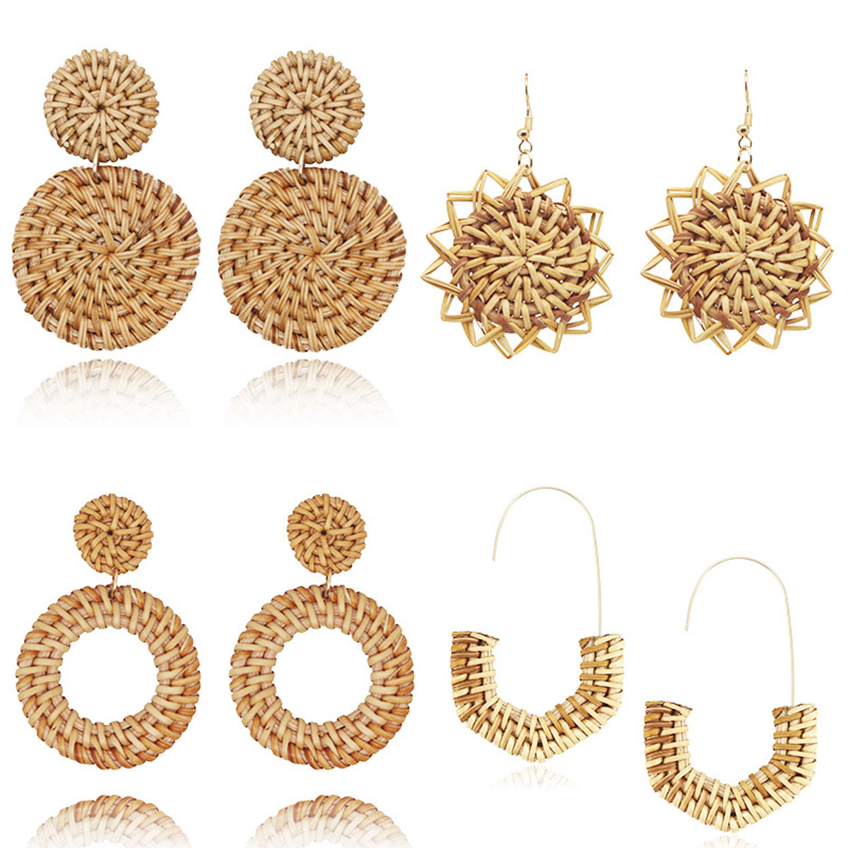 4 pares de pendientes de ratán, pendientes trenzados, pendientes geométricos trenzados con borlas de ratán, pendientes colgantes trenzados bohemios hechos a mano