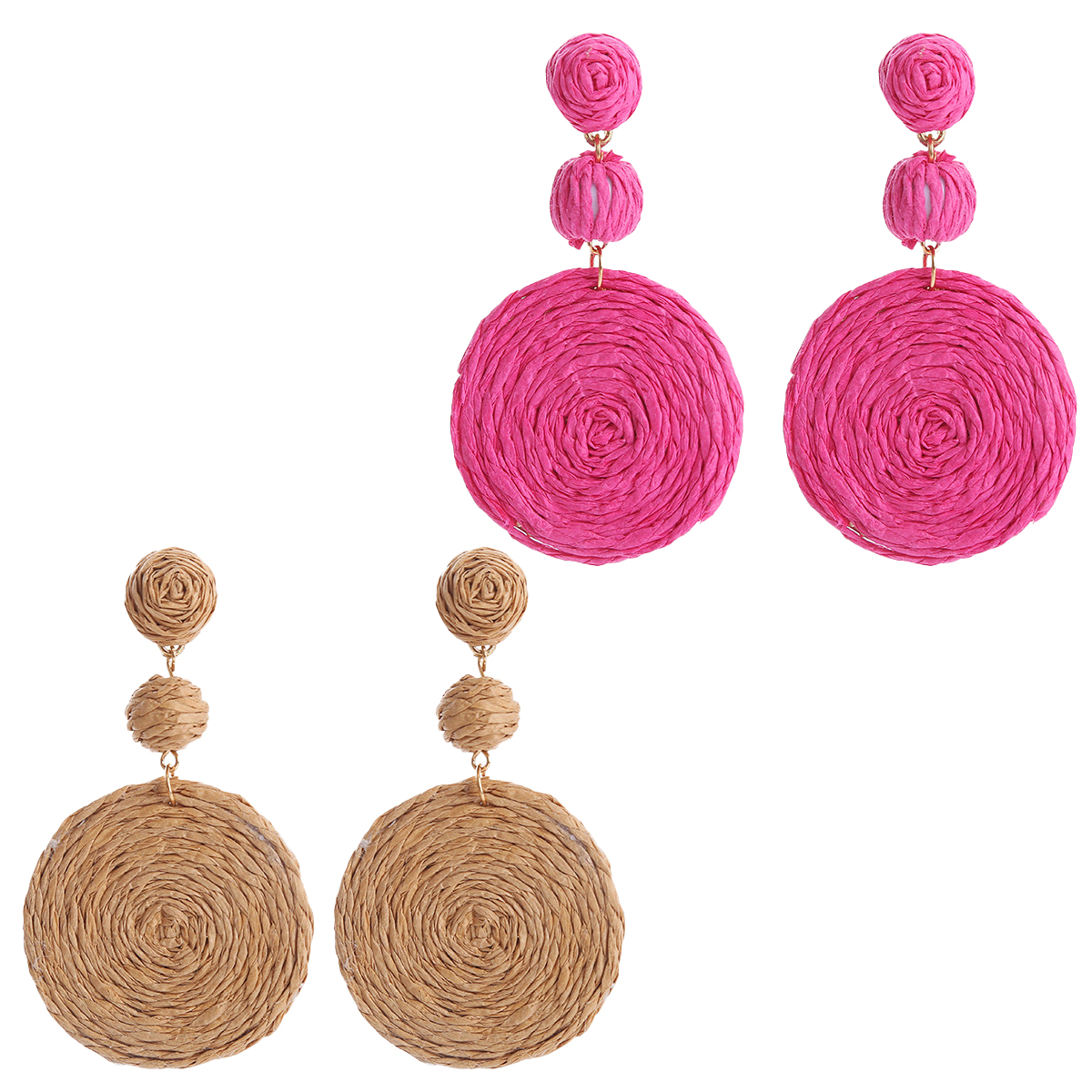thumbnail image 1 of 2 pares de pendientes de bola de rafia para mujer, pendientes redondos de rafia llamativos, joyería de vacaciones de verano en la playa, 1 of 6