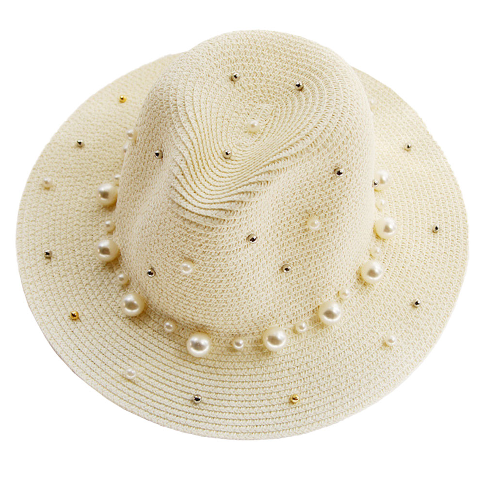 Sombrero de ala ancha con circunferencia de sombrero de 56-58cm, sombrero de sol con perlas, sombrero de verano para mujer, sombrero de playa junto al mar, sombrero para el sol con protección solar