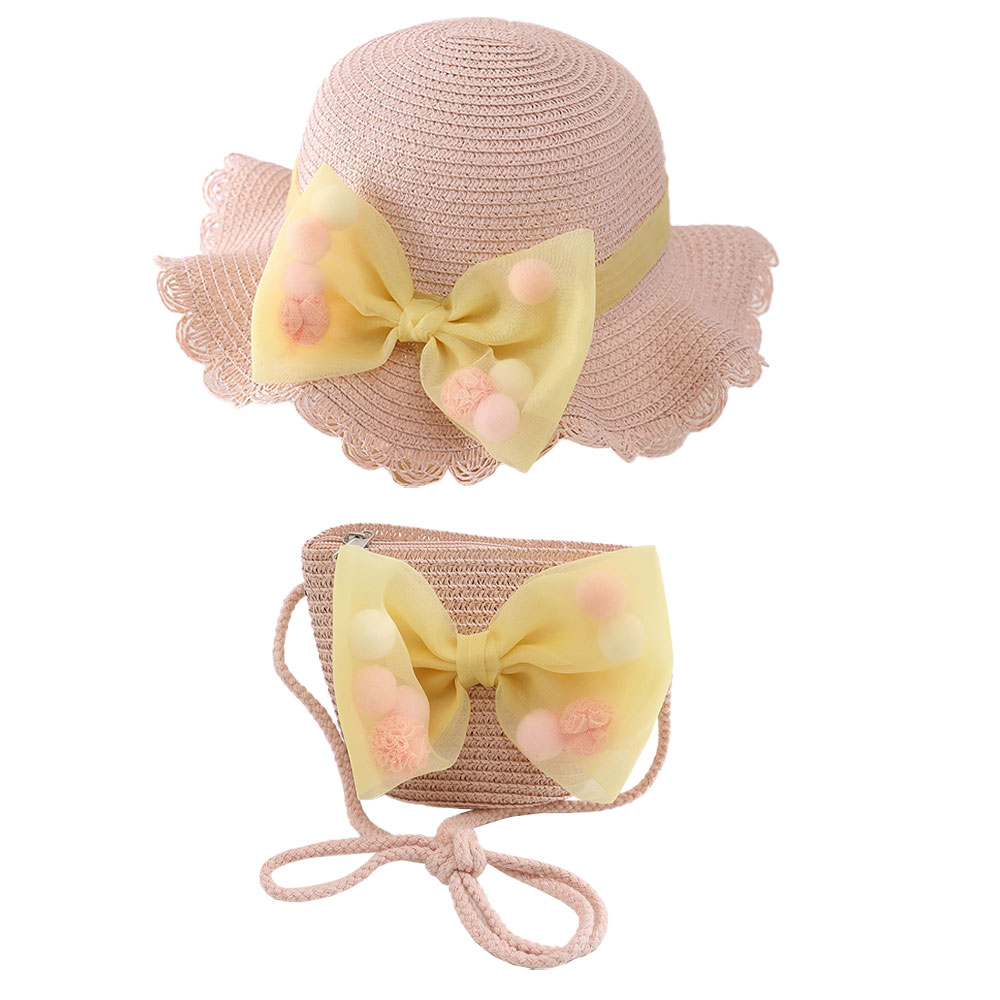 Sombrero de paja de encaje con lazo para mujer, conjunto de bolso de paja y sombrero para el sol, circunferencia del sombrero de 56-58cm