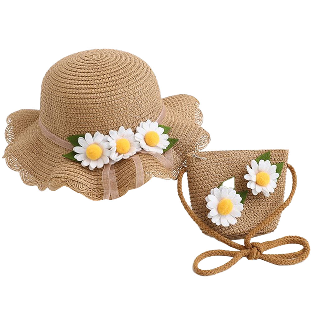 Sombrero de 52-54cm de circunferencia, sombrilla para niños, sombrero de paja, sombrero para el sol, sombrero de playa de verano, sombrero protector solar de flores y conjunto de bolsa de paja