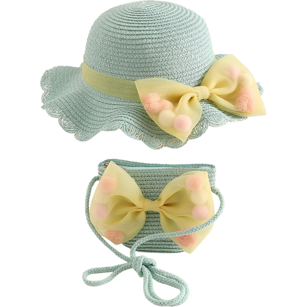 52-54 cm circunferencia del sombrero sombrero de paja de encaje con lazo de verano para niños y conjunto de bolsa de paja lindo sombrero para el sol de salida