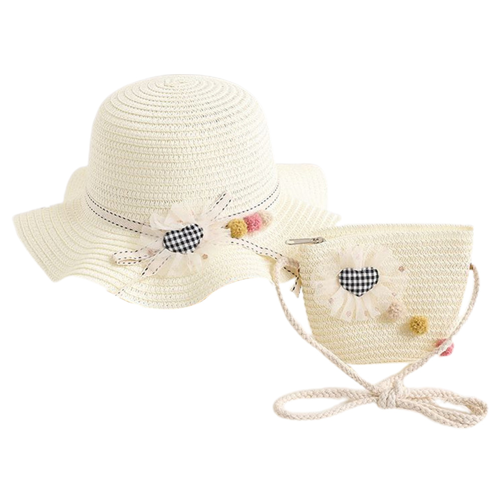 Sombrero de 52-54cm de circunferencia, Sombrero de Paja de verano para niños, sombrero de playa a cuadros, patrón de amor, sombrero para el sol y conjunto de bolsa de paja