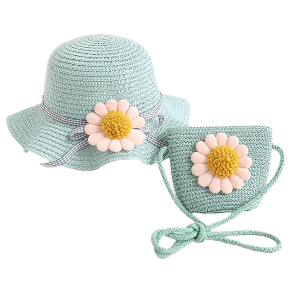 Sombrero de 52-54cm de circunferencia, sombrero protector solar para niños, Sombrero de Paja de verano, lindo sombrero para el sol de ala grande y conjunto de bolsa de paja
