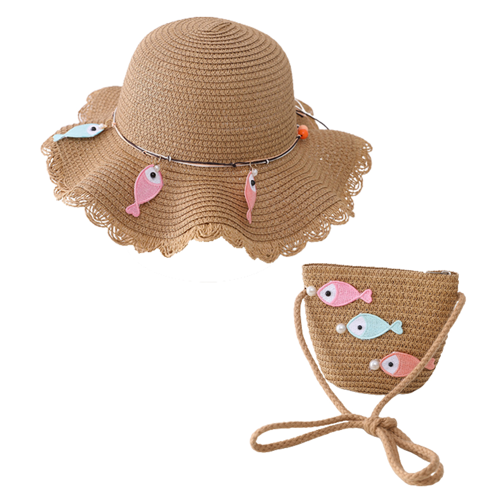 Sombrero de 52-54cm de circunferencia, Sombrero de Paja de verano para niños, lindo sombrero de playa, sombrero de Sol de pez de dibujos animados y conjunto de bolsa de paja