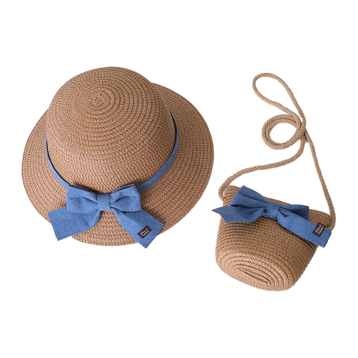 Sombrero de 52-54cm de circunferencia, bolso de Sombrero de Paja de verano para niños, lazo de dos piezas, bonito sombrero de playa, sombrero para el sol