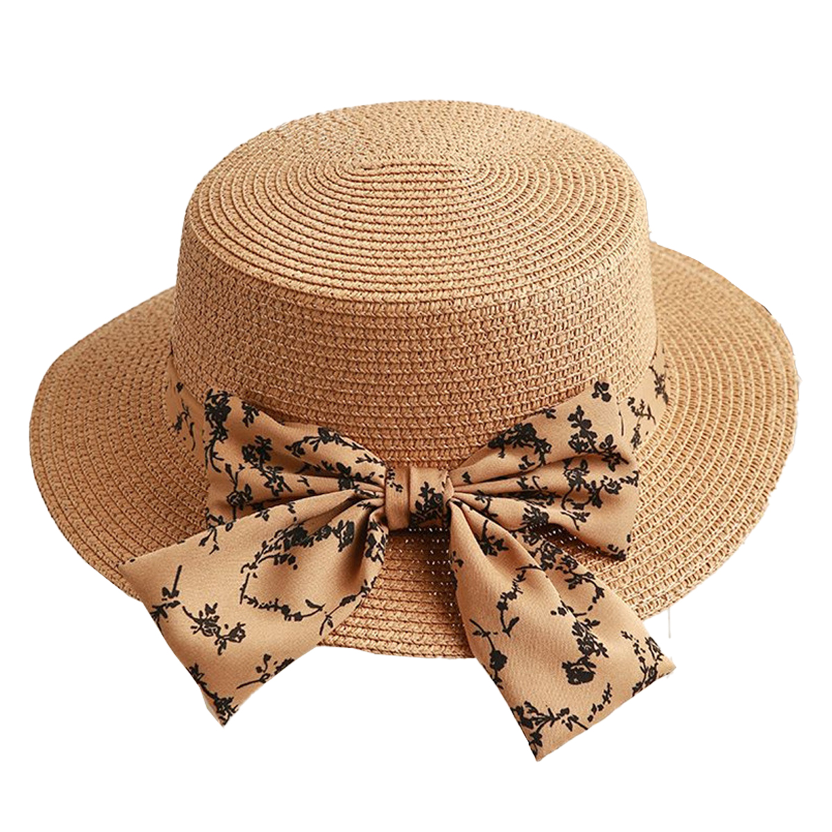 Sombrero de paja con lazo plano para mujer, sombrero de copa pequeño de verano, sombrero de paja para el sol, 56-58cm de circunferencia