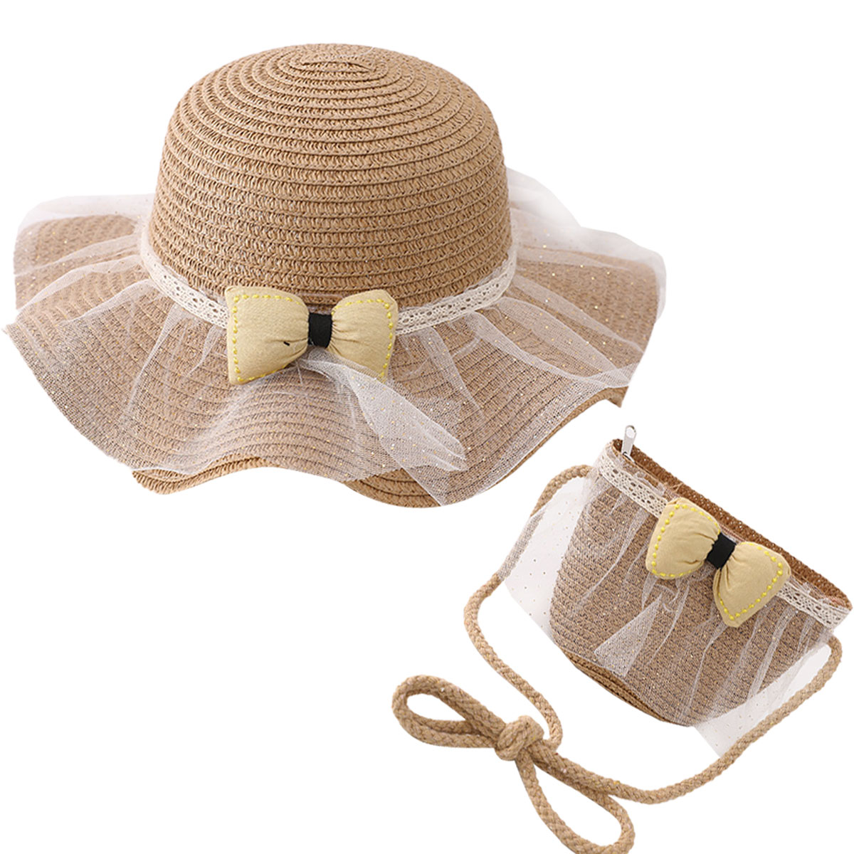 50-52 cm circunferencia del sombrero sombrero para el sol para niños sombrero de paja para niñas lindo sombrero para el sol de verano sombrero de playa y conjunto de bolsa de paja