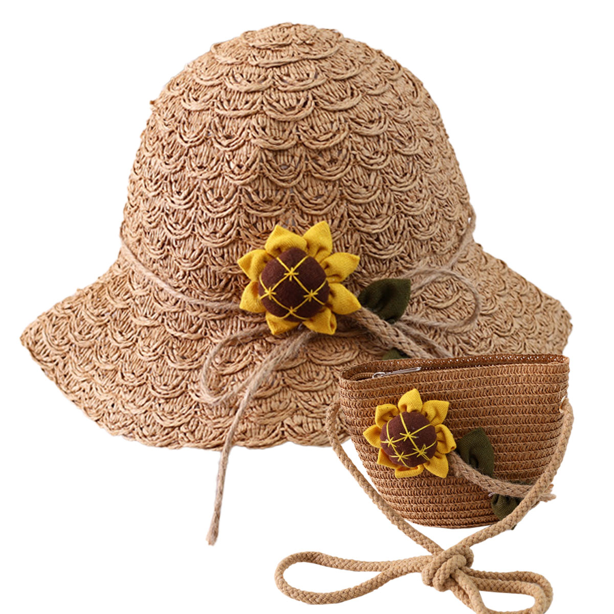 52-54 cm circunferencia del sombrero sombrero de paja con sombrilla de verano para niños lindo sombrero de paja para niñas sombrero con sombrilla y conjunto de bolsa de paja