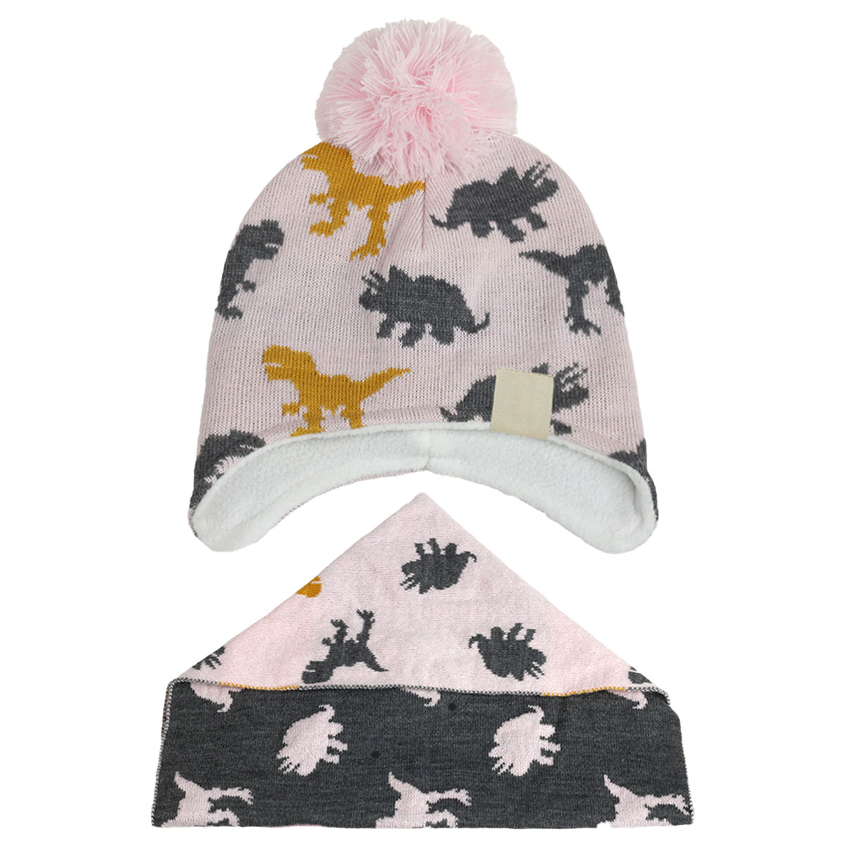 Conjunto de bufanda y gorro tejido para bebé, calentadores de orejas para niña de jacquard de dinosaurio, gorro cálido de invierno para niña, forro de lana