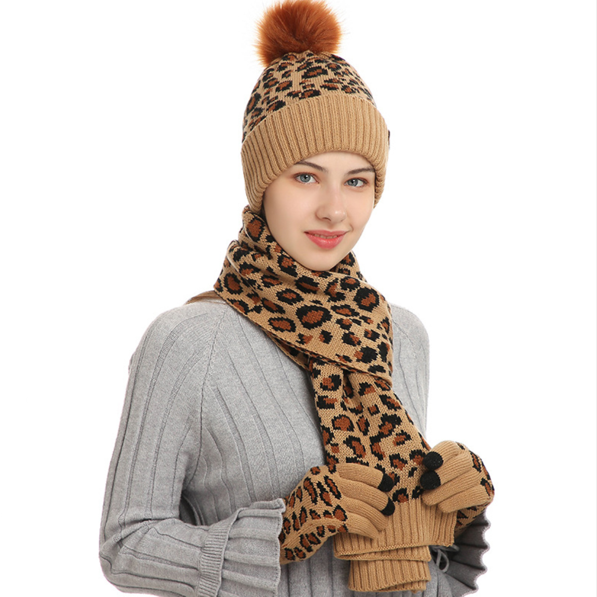 Gorro de punto con estampado de leopardo para invierno, bufanda larga y guantes para pantalla táctil, gorro grueso y cálido de tres piezas