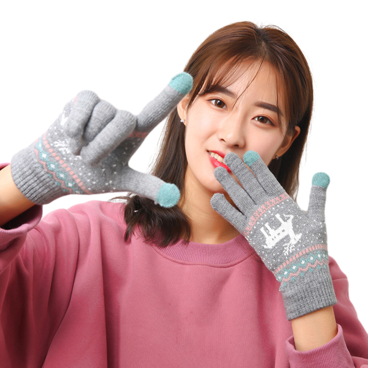 Guantes de punto de invierno Pantalla táctil cálidos Guantes antideslizantes elásticos forrados suaves Lindos guantes de Navidad