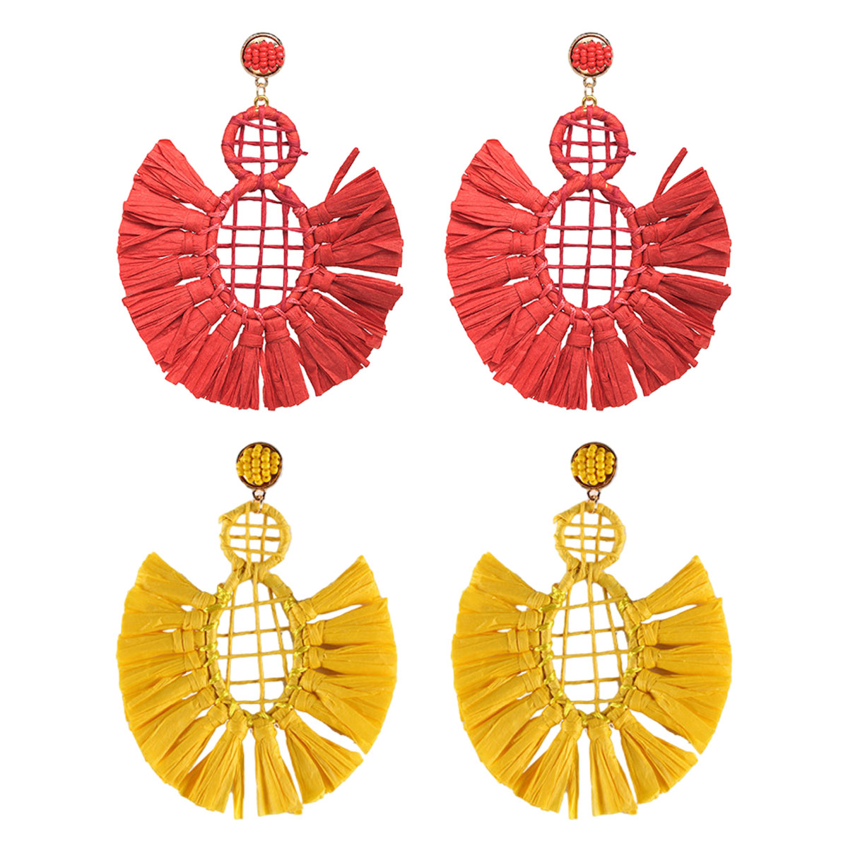 2 pares de pendientes redondos de rafia – Pendientes de paja boho – Pendientes colgantes geométricos para mujeres y niñas