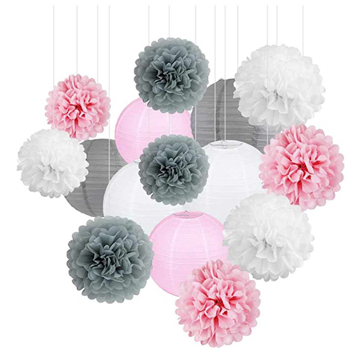 Decoraciones para fiestas, linternas de papel colgantes y decoraciones para fiestas de cumpleaños y graduación con pompones en el bosque
