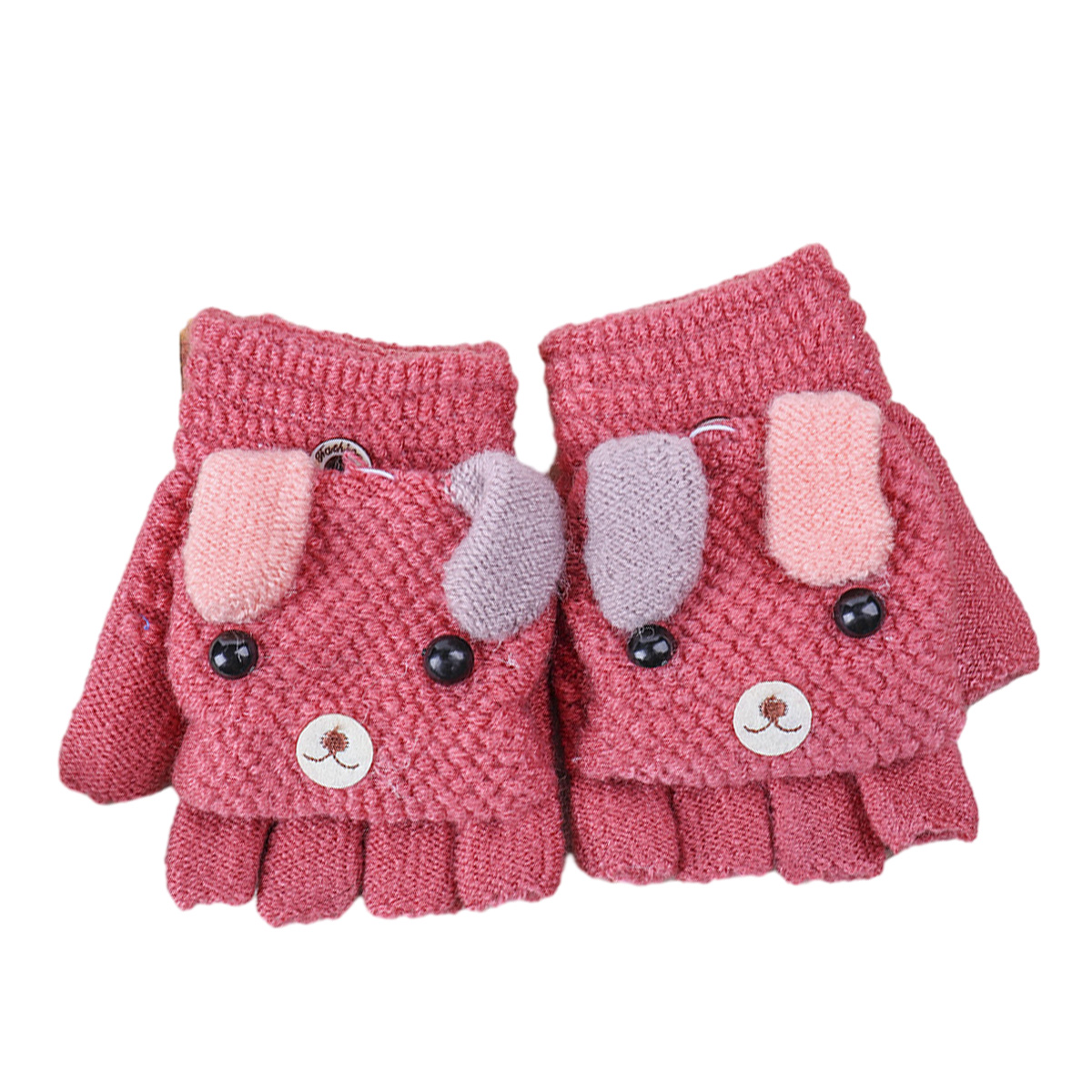 Guantes convertibles con tapa abatible de dibujos animados para niños pequeños, manoplas sin dedos tejidas de lana de invierno para niños
