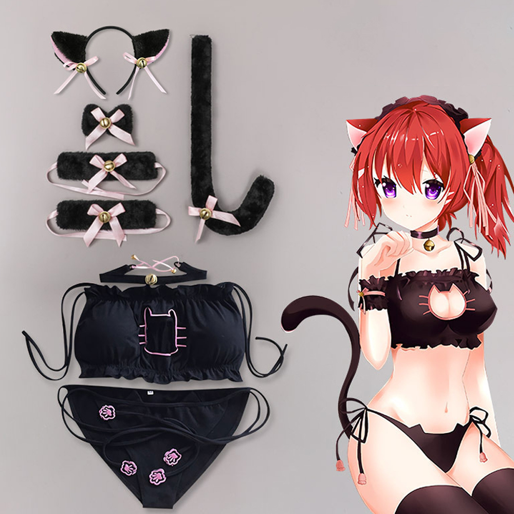 thumbnail image 3 of Lencería japonesa Anime lindo gato ojo de cerradura traje Babydoll oreja de gato aro de pelo cola de gato - Negro, 3 of 6